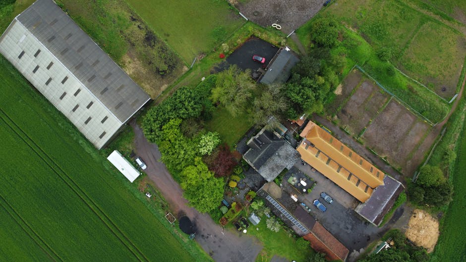 An aerial view of the Whitton Community Centre grounds showcasing well-maintained garden beds bordered by a variety of trees and shrubs, with neatly trimmed grass and pathways. The grounds feature a l